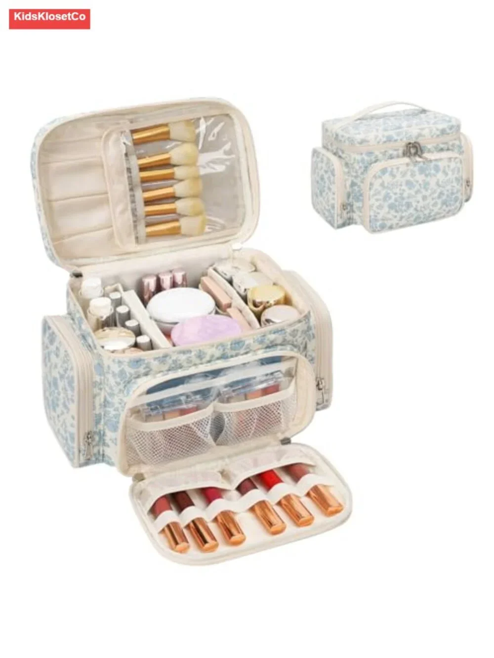 Large Quilted Makeup Bag Organizer with Brush Compartments and Dividers, Cotton